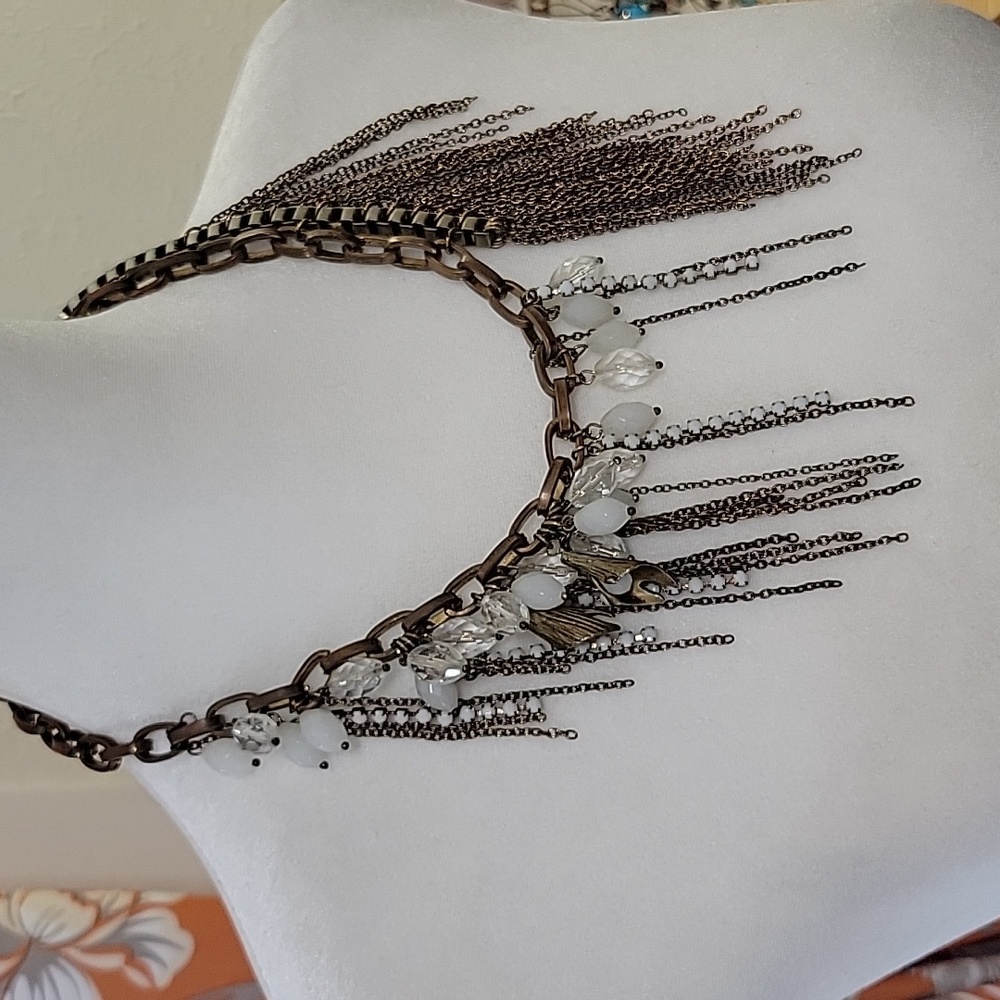 One Of a Kind Multi-Chain Necklace with White Beaded Accents - Picture 2 of 6